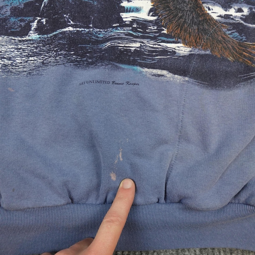 Vintage Bald Eagle Wrap Around Sweatshirt Mens Large Blue Fleece AOP - Picture 5 of 12